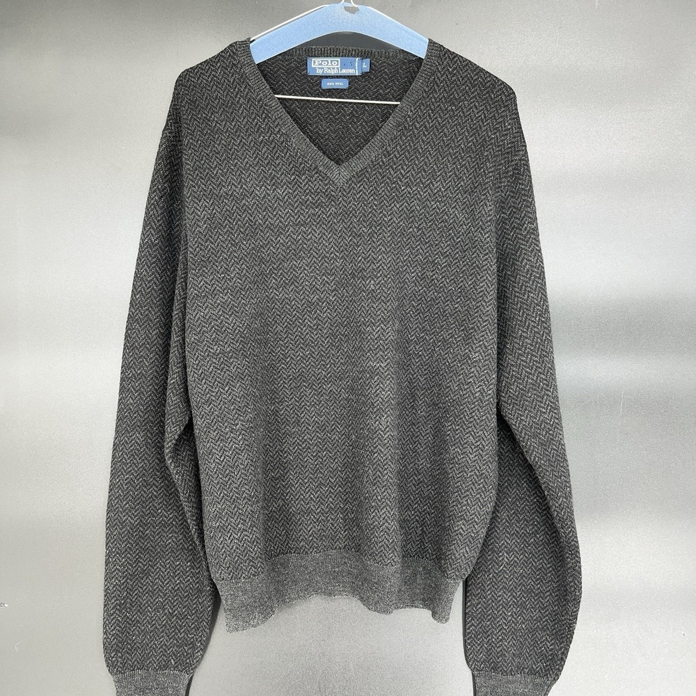 Vintage Polo Ralph Lauren Sweater Mens Large L Gray/Black 100% Wool‎ V Neck Pony